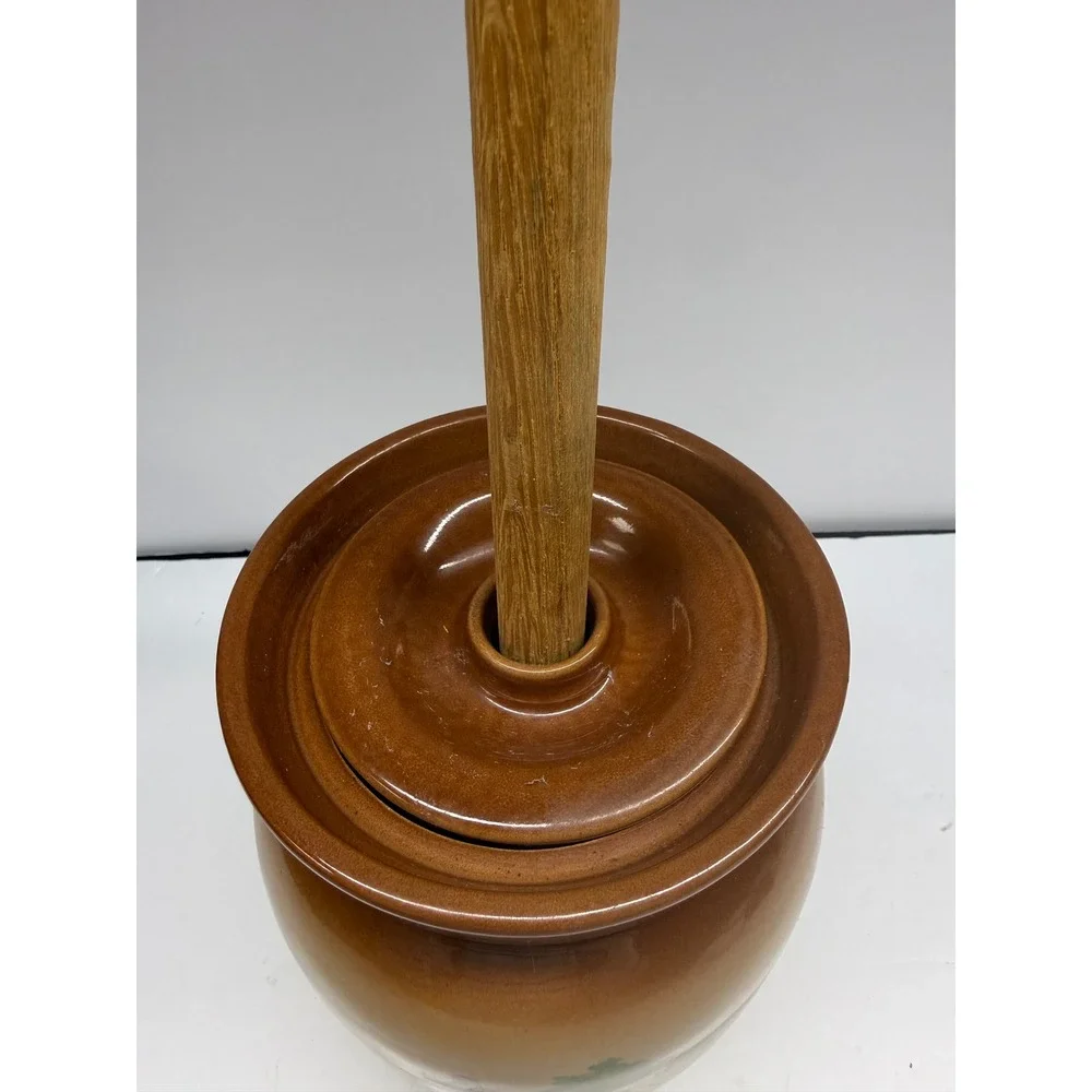 Vintage Stoneware Butter Churn Crock with Wooden Dasher Cottage Scene Brown Tan